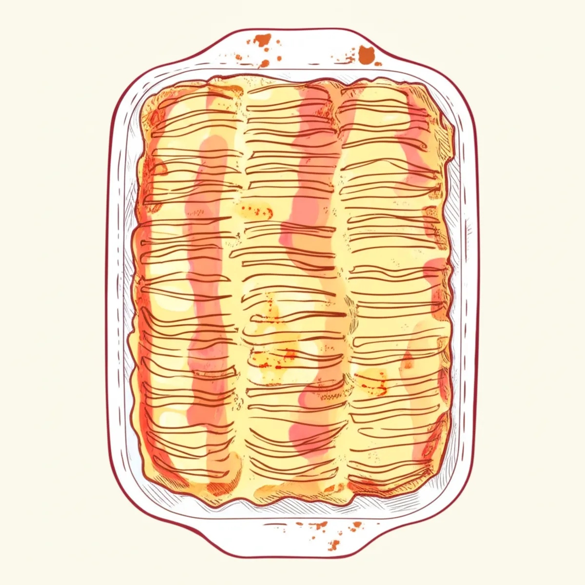 Hand-drawn sketch of layered potato dauphinoise gratin