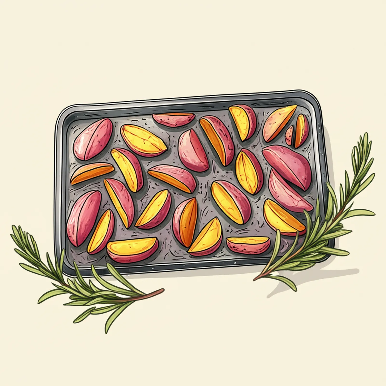 Hand-drawn sketch of roasted Desiree potatoes in a tray with rosemary