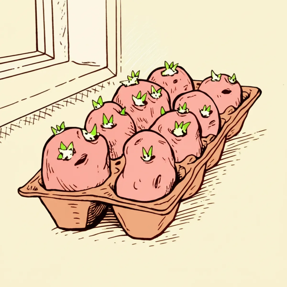Hand-drawn sketch of seed potatoes chitting in egg cartons by a window