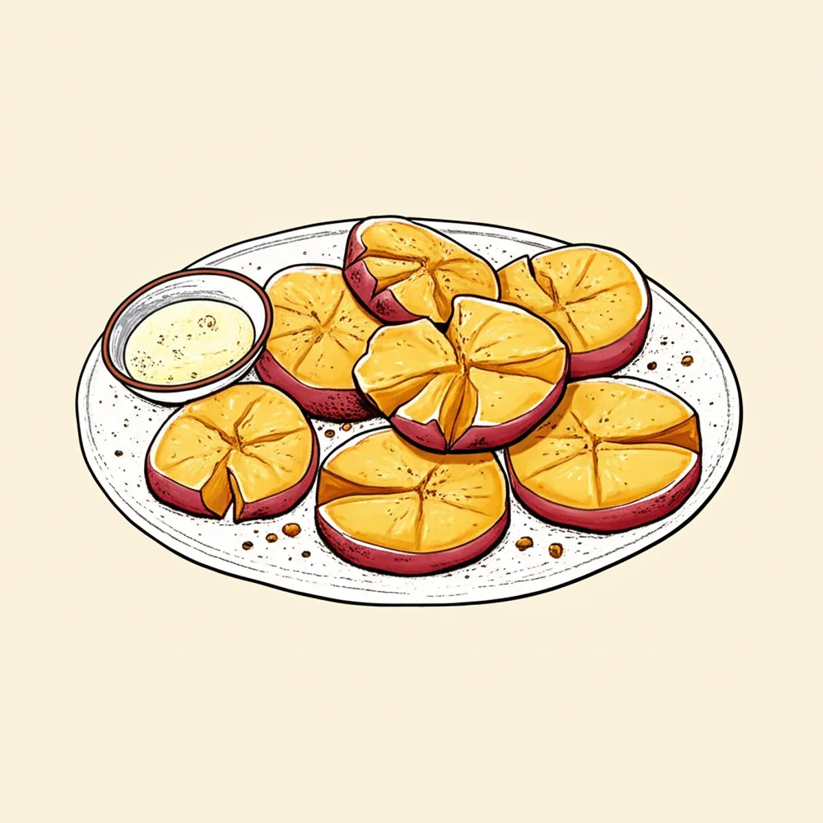 Hand-drawn sketch of smashed crispy Desiree potatoes on a plate